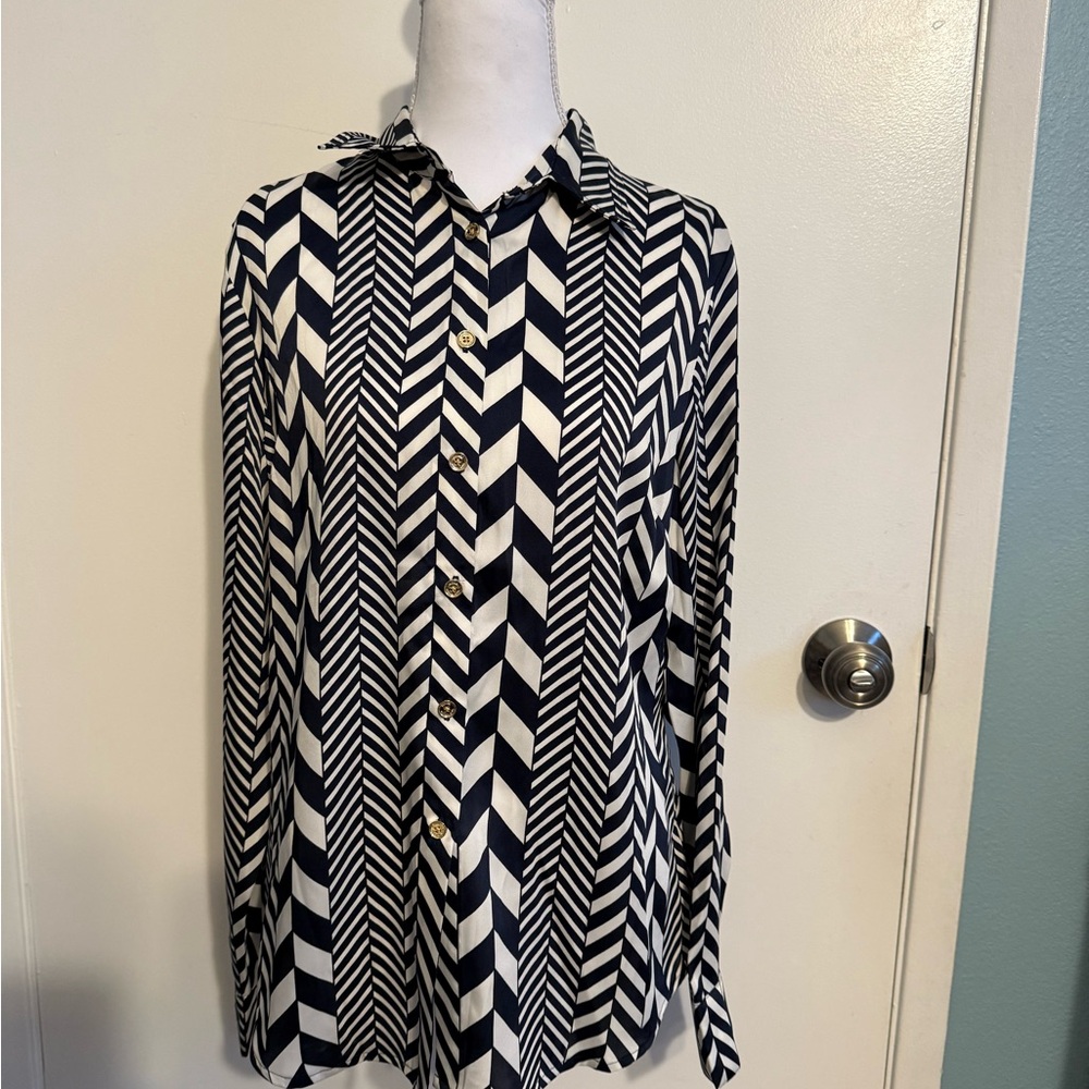 Michael Kors Navy Blue and White Chevron Blouse